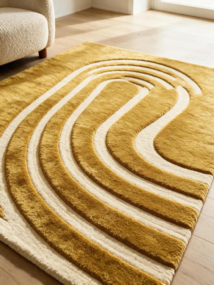Hand-carved gold art carpet with deep sculpted channels curving like drawn lines.