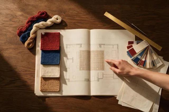 A floor plan on a desk with wool swatches, a brass ruler and a fan of colour samples.