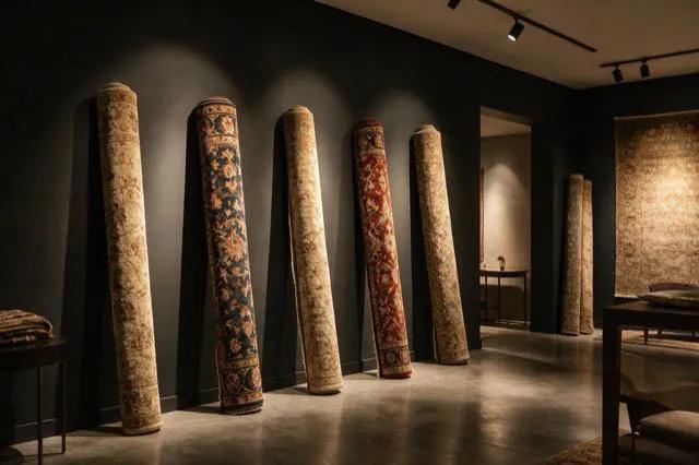 Rolled carpets standing in a dark showroom, lit softly from above.