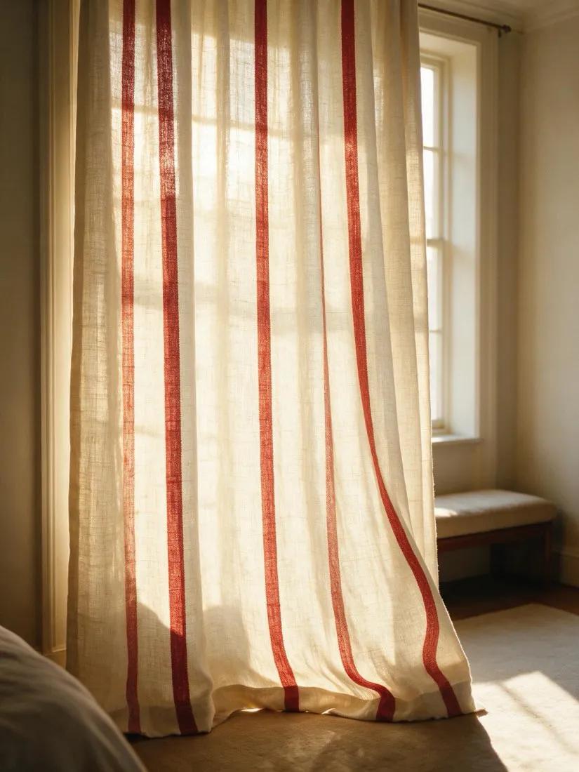 Ivory curtains with madder-red stripes catching low sun at a window.