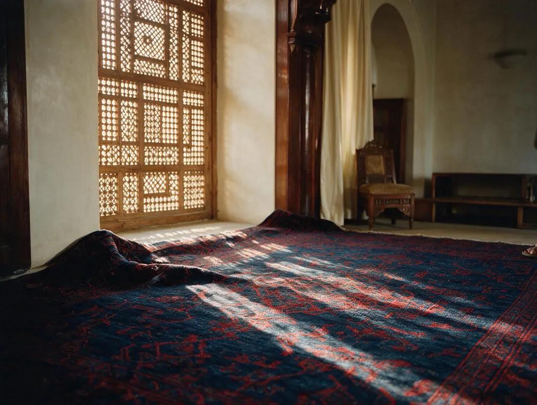 A traditional room in low sun — light through a mashrabiya screen falling in long shadows across a deep red and indigo carpet.
