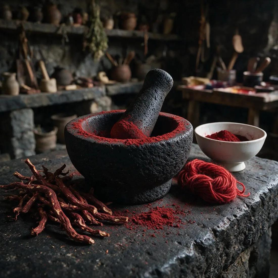 A basalt mortar and pestle filled with ground madder root, red dye powder and a skein of red wool on a stone workbench.