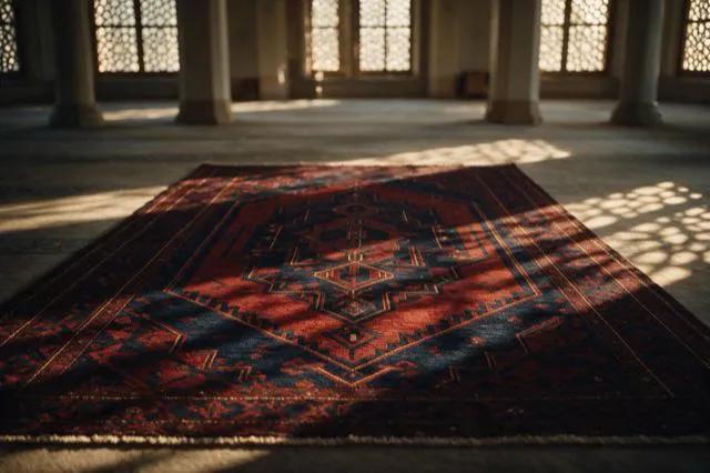 A heritage red and indigo carpet laid across a stone colonnade in long evening light.