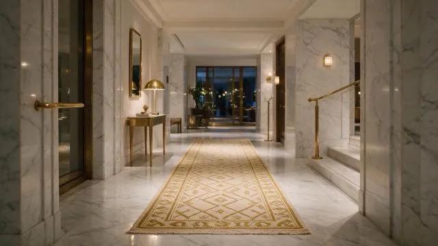 A marble hotel corridor at dusk with a long gold patterned runner leading to glass doors.