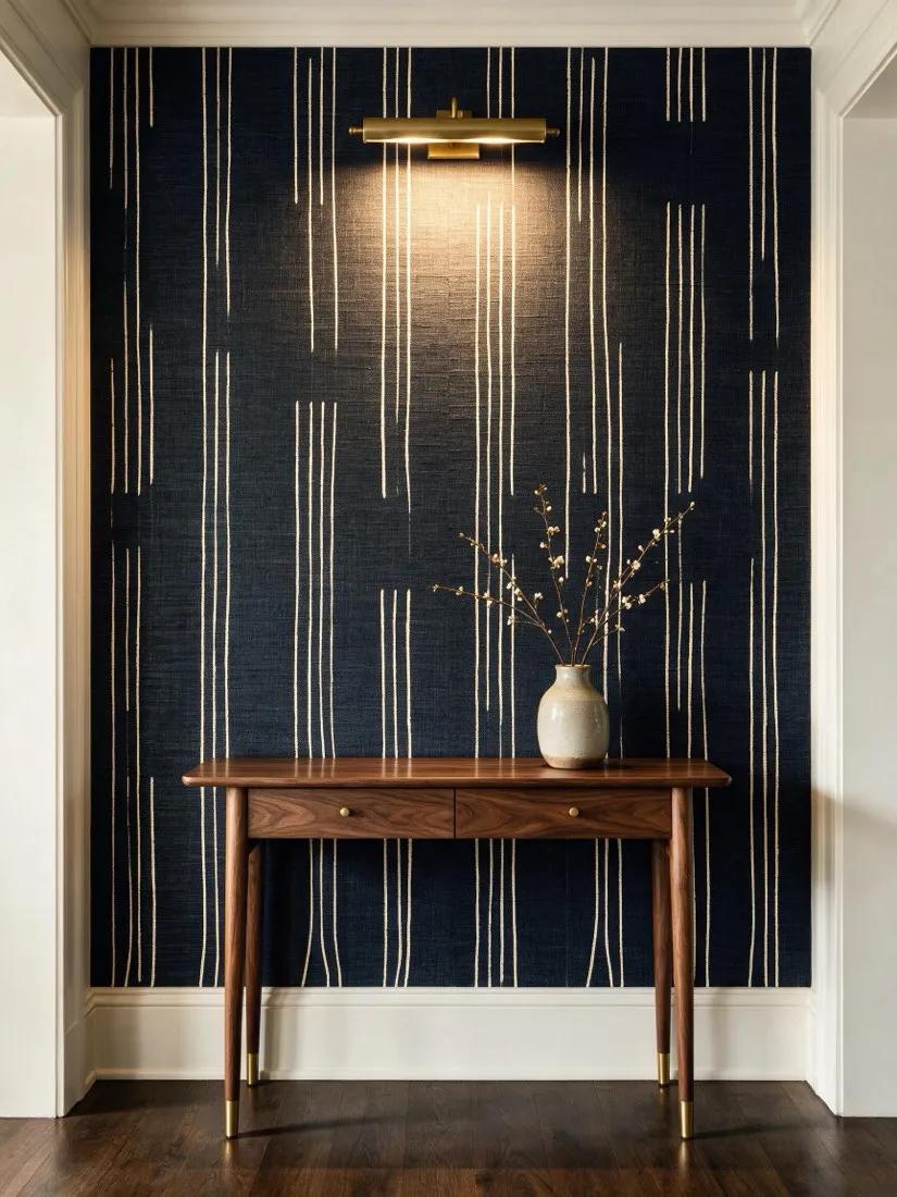 An indigo feature wall with fine woven vertical lines behind a walnut console and brass lamp.